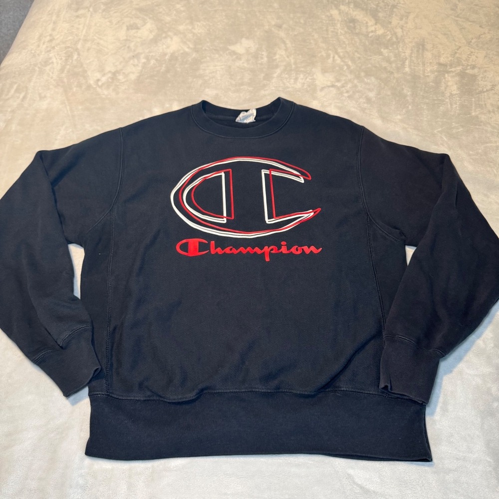 Champion VTG Reverse Weave Mens Black Crewneck Sweatshirt Large Puff Logo Size M